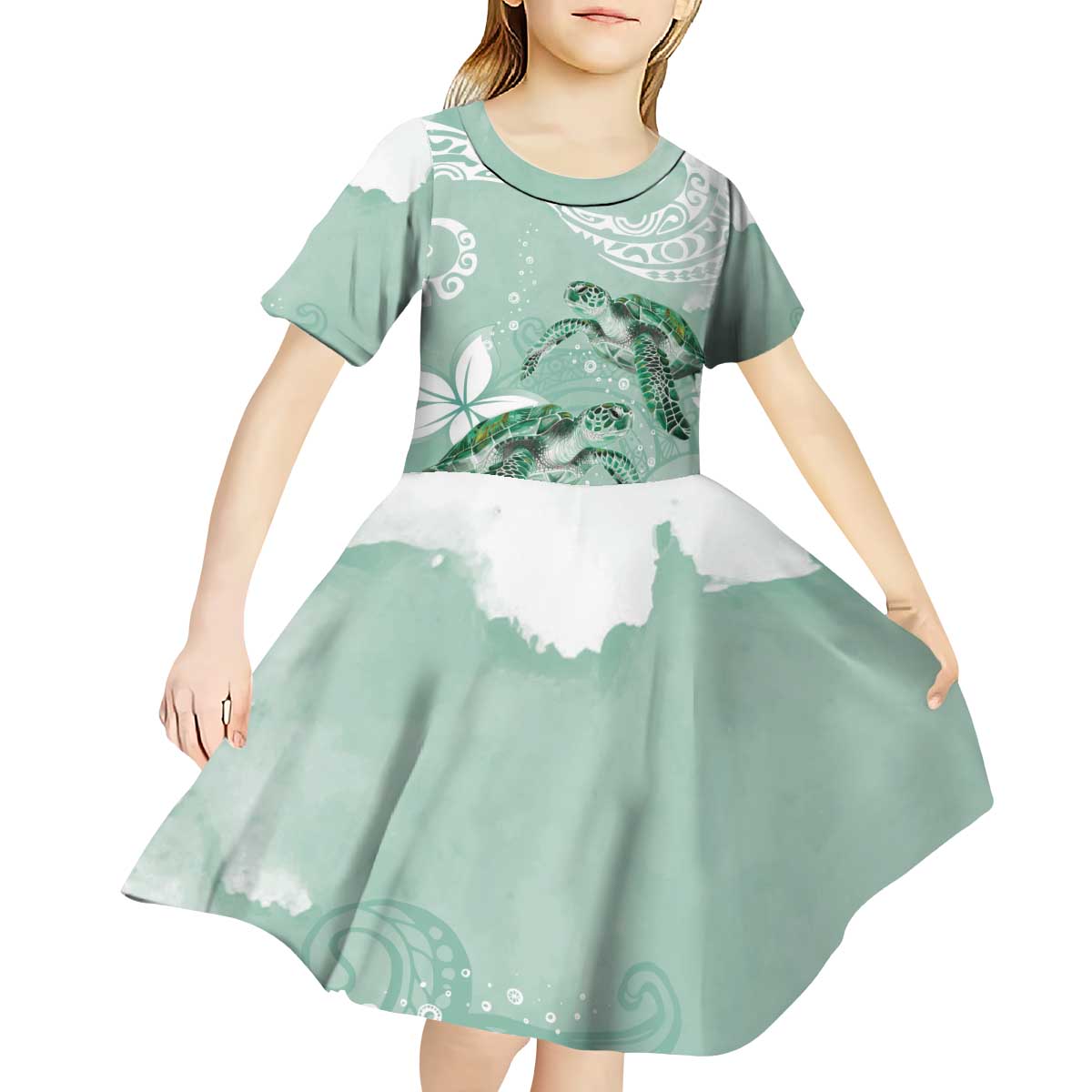Happy Valentine's Day Polynesia Kid Short Sleeve Dress SeaTurtle Couple Polynesian - Green Lester Color LT14 - Polynesian Pride