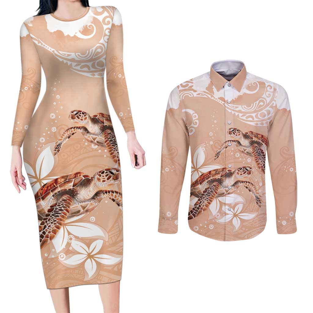 Happy Valentine's Day Polynesia Couples Matching Long Sleeve Bodycon Dress and Long Sleeve Button Shirt SeaTurtle Couple Polynesian - Desert Sand Color LT14 Desert Sand - Polynesian Pride