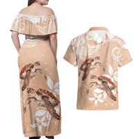Happy Valentine's Day Polynesia Couples Matching Off Shoulder Maxi Dress and Hawaiian Shirt SeaTurtle Couple Polynesian - Desert Sand Color