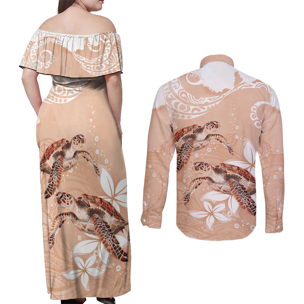 Happy Valentine's Day Polynesia Couples Matching Off Shoulder Maxi Dress and Long Sleeve Button Shirt SeaTurtle Couple Polynesian - Desert Sand Color