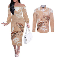 Happy Valentine's Day Polynesia Couples Matching Off The Shoulder Long Sleeve Dress and Long Sleeve Button Shirt SeaTurtle Couple Polynesian - Desert Sand Color