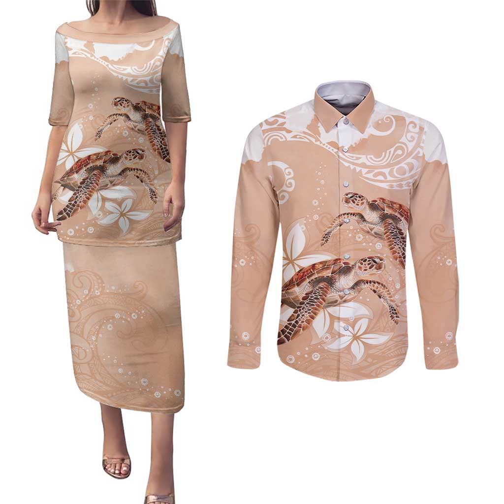 Happy Valentine's Day Polynesia Couples Matching Puletasi and Long Sleeve Button Shirt SeaTurtle Couple Polynesian - Desert Sand Color