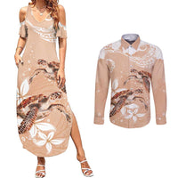 Happy Valentine's Day Polynesia Couples Matching Summer Maxi Dress and Long Sleeve Button Shirt SeaTurtle Couple Polynesian - Desert Sand Color