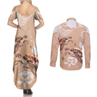 Happy Valentine's Day Polynesia Couples Matching Summer Maxi Dress and Long Sleeve Button Shirt SeaTurtle Couple Polynesian - Desert Sand Color