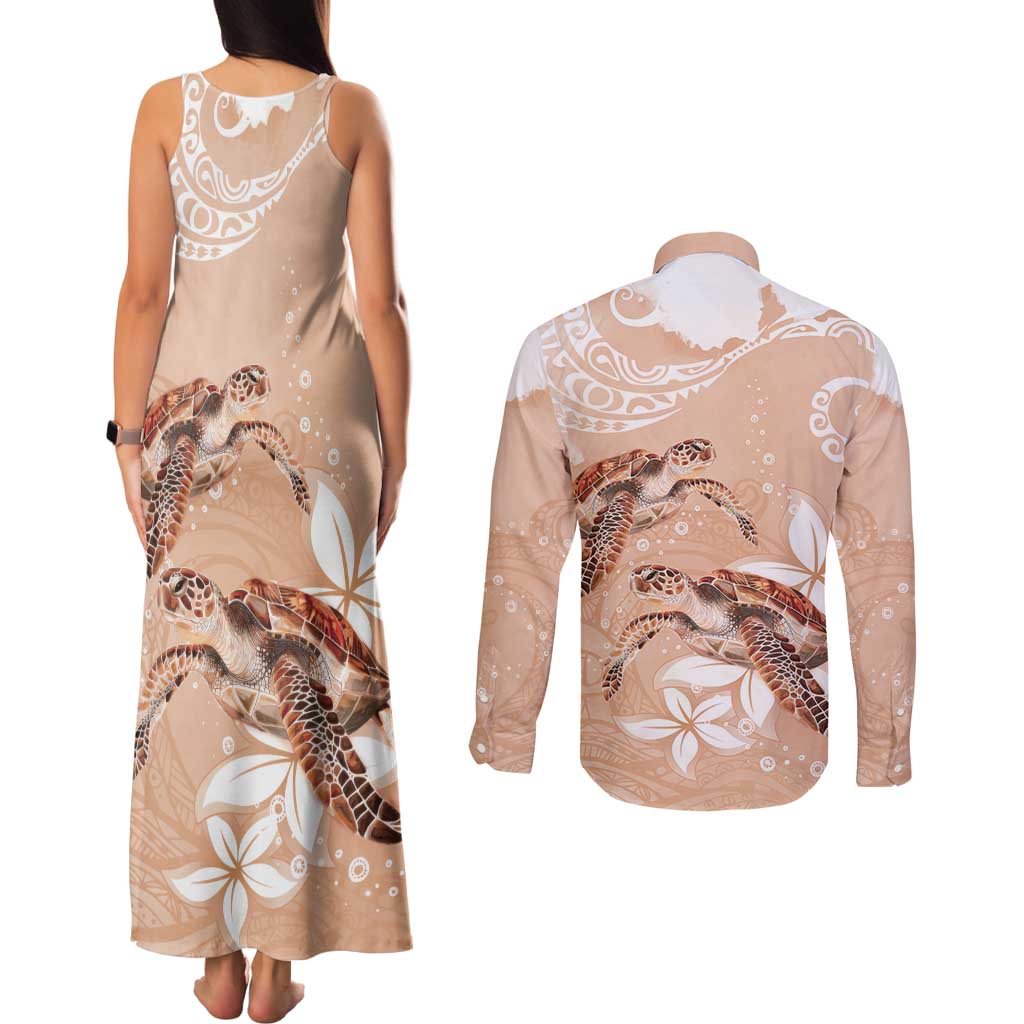 Happy Valentine's Day Polynesia Couples Matching Tank Maxi Dress and Long Sleeve Button Shirt SeaTurtle Couple Polynesian - Desert Sand Color