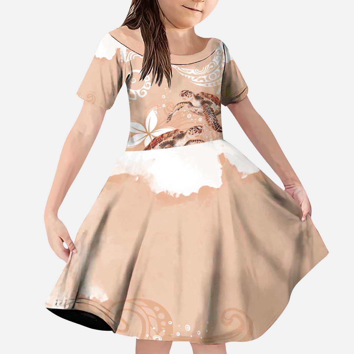 Happy Valentine's Day Polynesia Kid Short Sleeve Dress SeaTurtle Couple Polynesian - Desert Sand Color LT14 KID Desert Sand - Polynesian Pride