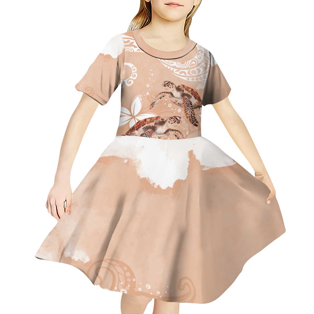 Happy Valentine's Day Polynesia Kid Short Sleeve Dress SeaTurtle Couple Polynesian - Desert Sand Color LT14 - Polynesian Pride