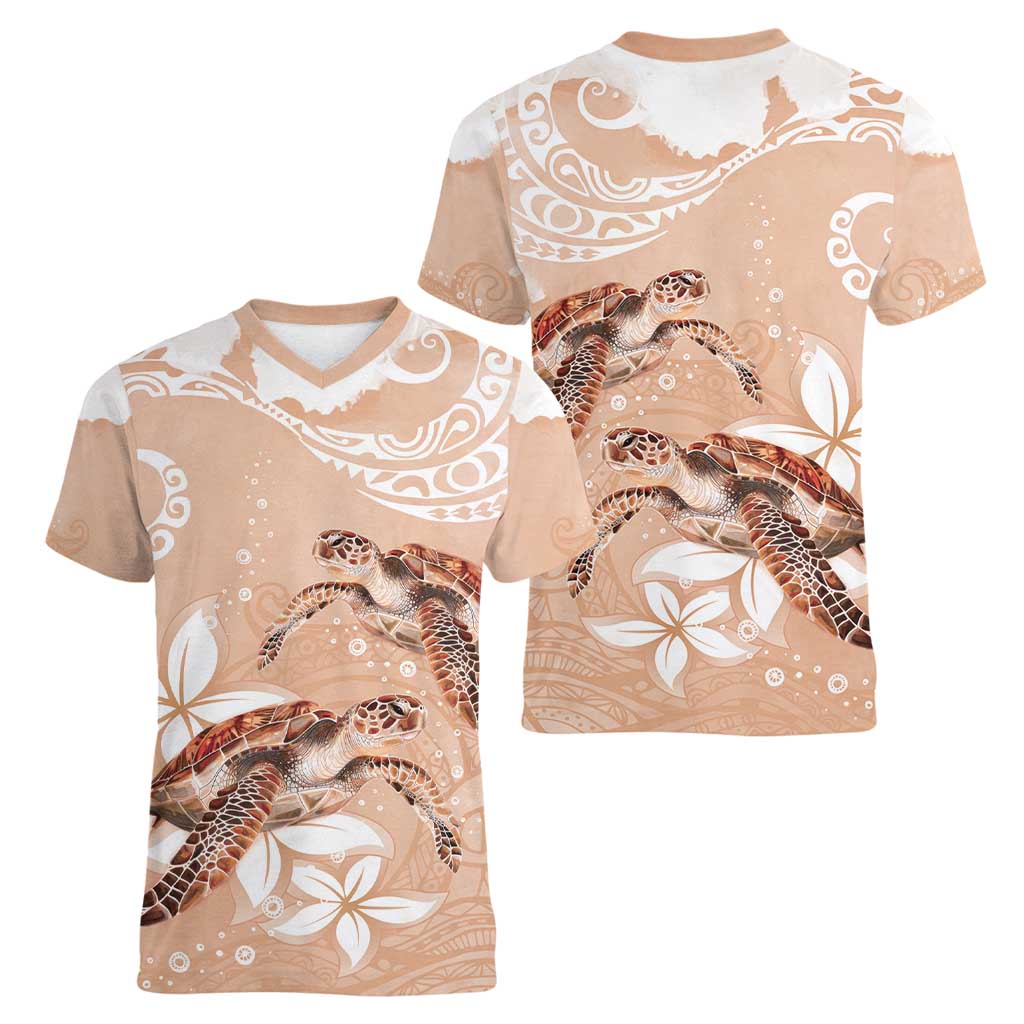 Happy Valentine's Day Polynesia Women V-Neck T-Shirt SeaTurtle Couple Polynesian - Desert Sand Color