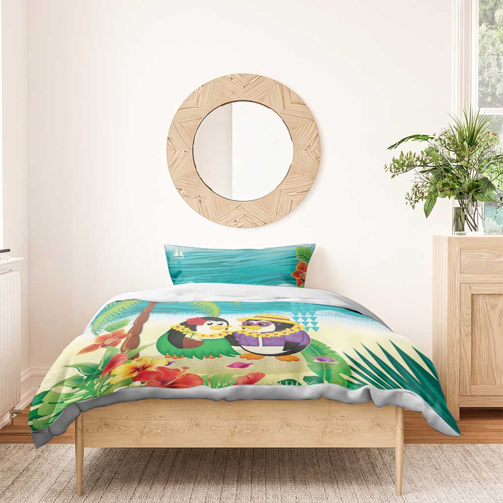 Hawaii Penguin Couple Bedding Set Hawaiian Kakau - Tropical Summer Vibes