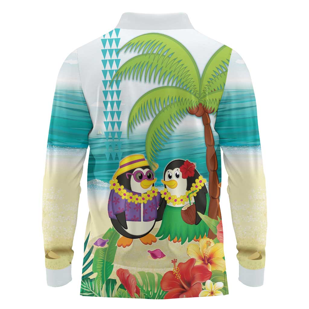 Hawaii Penguin Couple Long Sleeve Polo Shirt Hawaiian Kakau - Tropical Summer Vibes