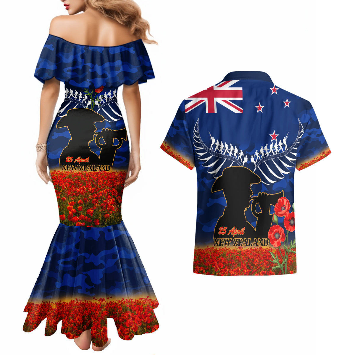 New Zealand ANZAC Day Couples Matching Mermaid Dress and Hawaiian Shirt 25 April Last Post Camouflage With Poppies LT14 - Polynesian Pride