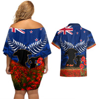 New Zealand ANZAC Day Couples Matching Off Shoulder Short Dress and Hawaiian Shirt 25 April Last Post Camouflage With Poppies LT14 - Polynesian Pride