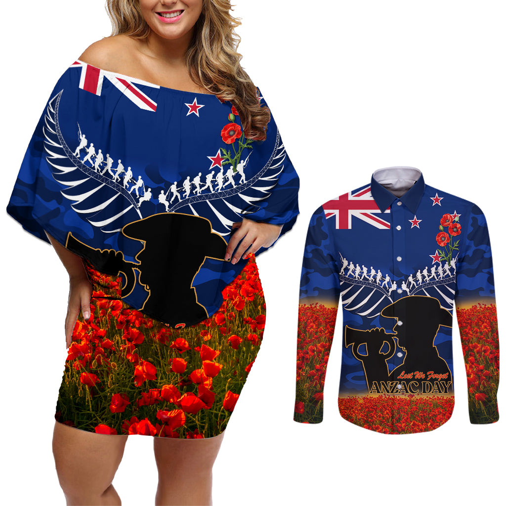 New Zealand ANZAC Day Couples Matching Off Shoulder Short Dress and Long Sleeve Button Shirt 25 April Last Post Camouflage With Poppies LT14 Blue - Polynesian Pride
