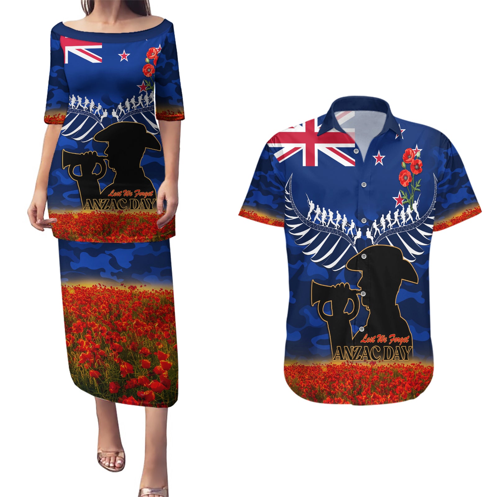 New Zealand ANZAC Day Couples Matching Puletasi and Hawaiian Shirt 25 April Last Post Camouflage With Poppies LT14 Blue - Polynesian Pride