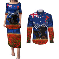 New Zealand ANZAC Day Couples Matching Puletasi and Long Sleeve Button Shirt 25 April Last Post Camouflage With Poppies LT14 Blue - Polynesian Pride