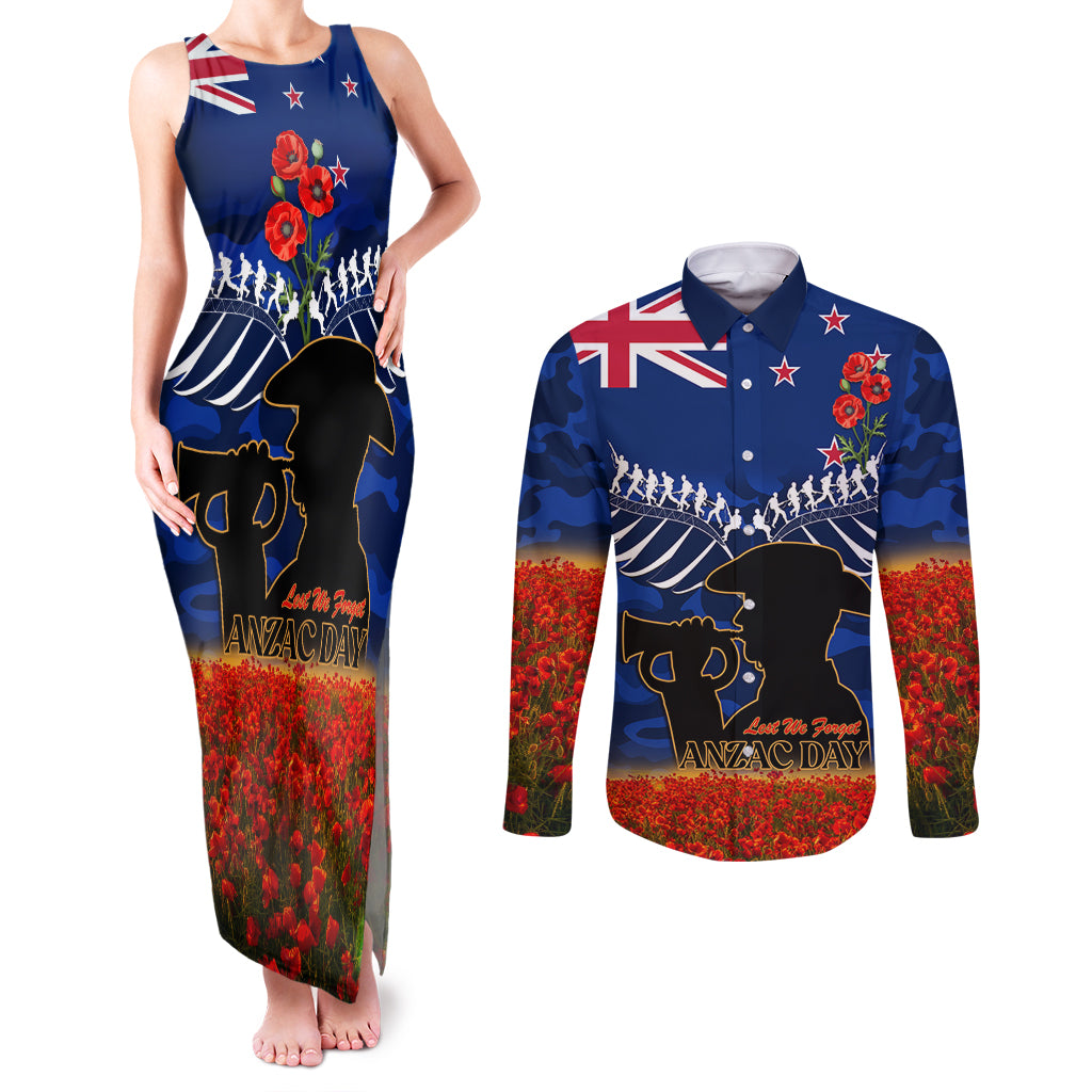 New Zealand ANZAC Day Couples Matching Tank Maxi Dress and Long Sleeve Button Shirt 25 April Last Post Camouflage With Poppies LT14 Blue - Polynesian Pride