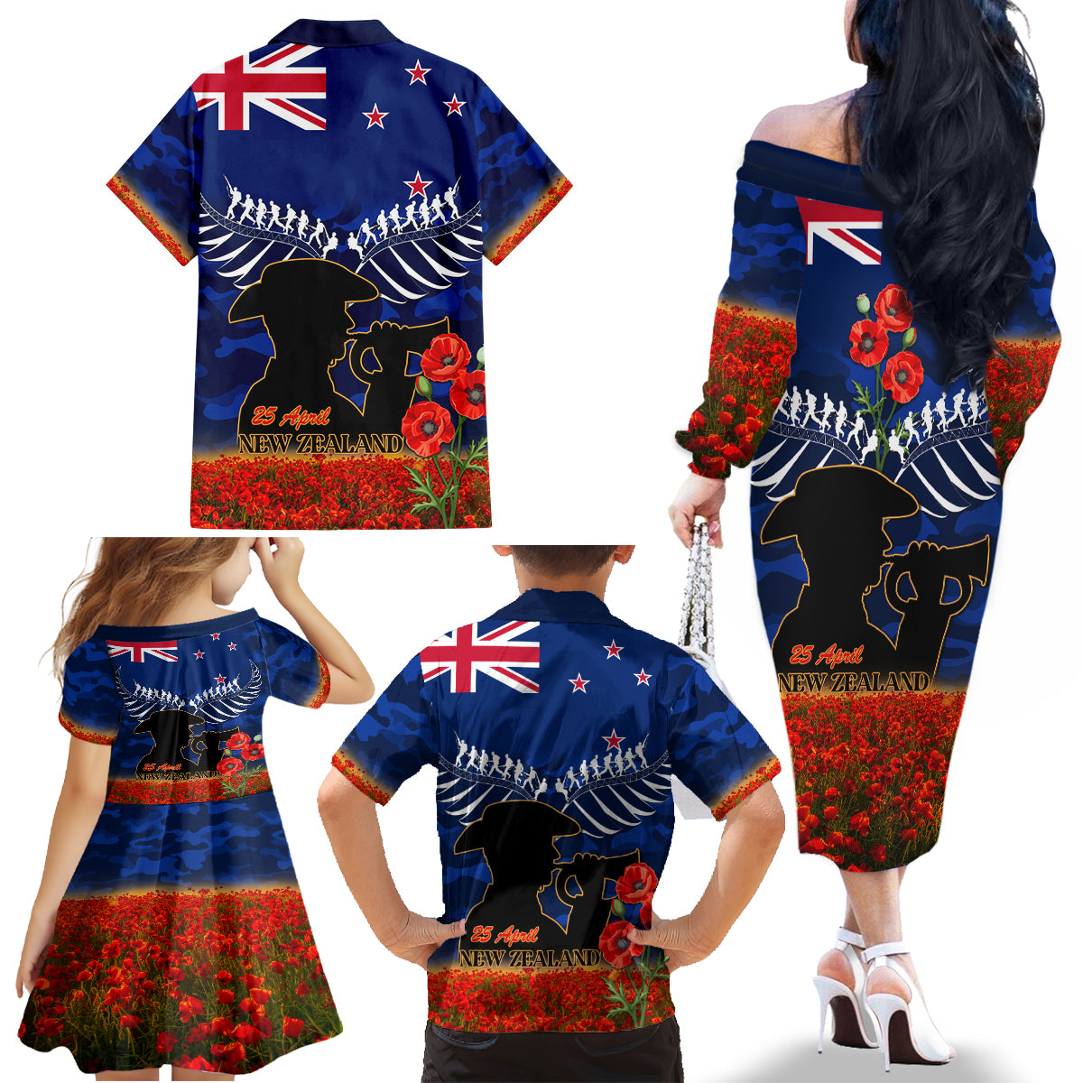 New Zealand ANZAC Day Family Matching Off Shoulder Long Sleeve Dress and Hawaiian Shirt 25 April Last Post Camouflage With Poppies LT14 - Polynesian Pride