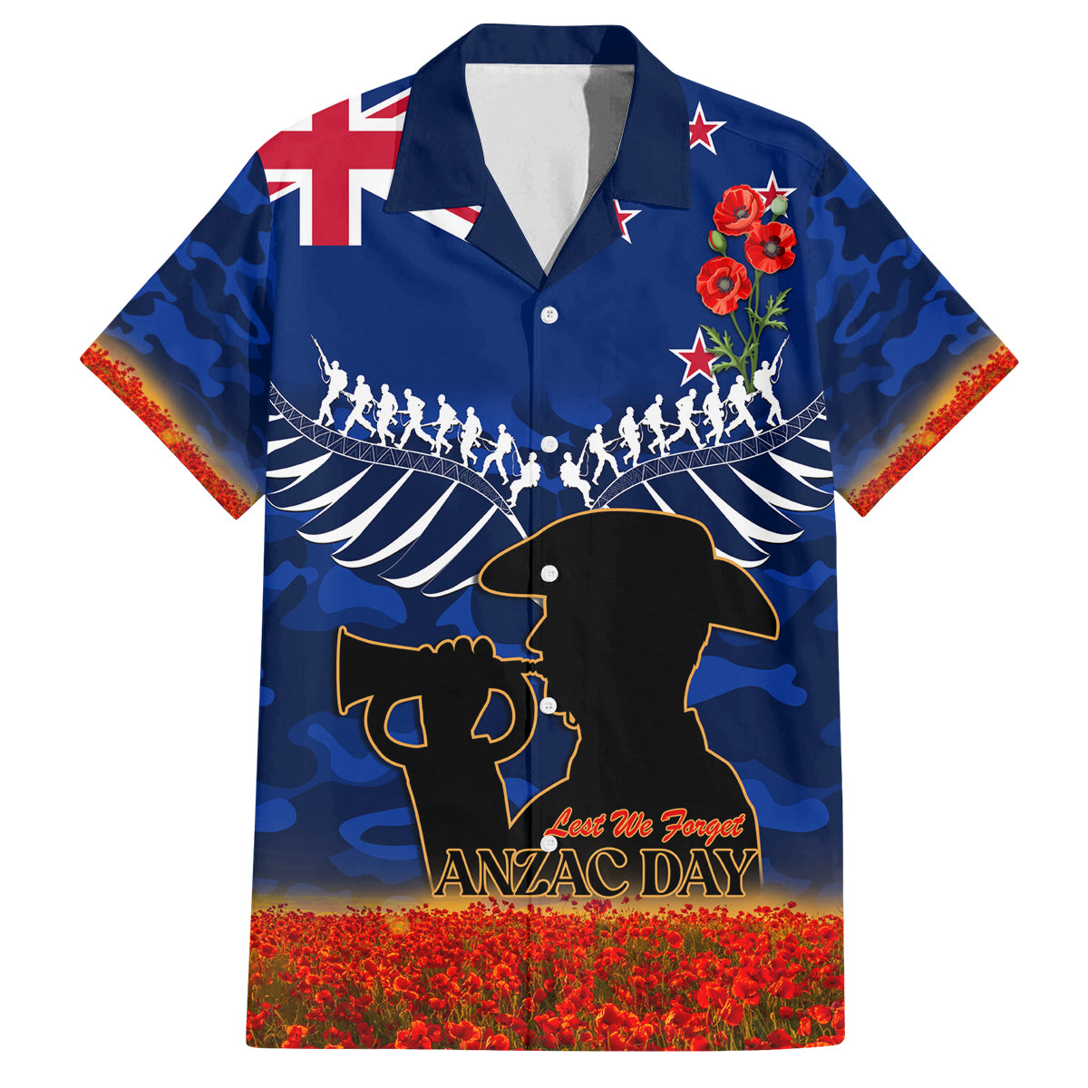New Zealand ANZAC Day Family Matching Off Shoulder Maxi Dress and Hawaiian Shirt 25 April Last Post Camouflage With Poppies LT14 Dad's Shirt - Short Sleeve Blue - Polynesian Pride
