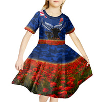 New Zealand ANZAC Day Kid Short Sleeve Dress 25 April Last Post Camouflage With Poppies LT14 - Polynesian Pride