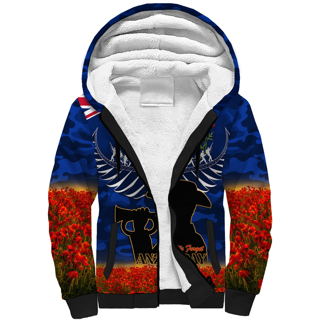 New Zealand ANZAC Day Sherpa Hoodie 25 April Last Post Camouflage With Poppies LT14 Unisex Blue - Polynesian Pride