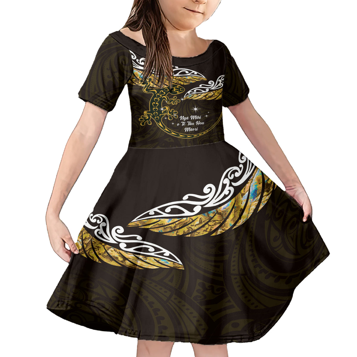 New Zealand Matariki Family Matching Short Sleeve Bodycon Dress and Hawaiian Shirt Maori New Year Silver Fern And Lizard - Gold LT14 Daughter's Dress Gold - Polynesian Pride