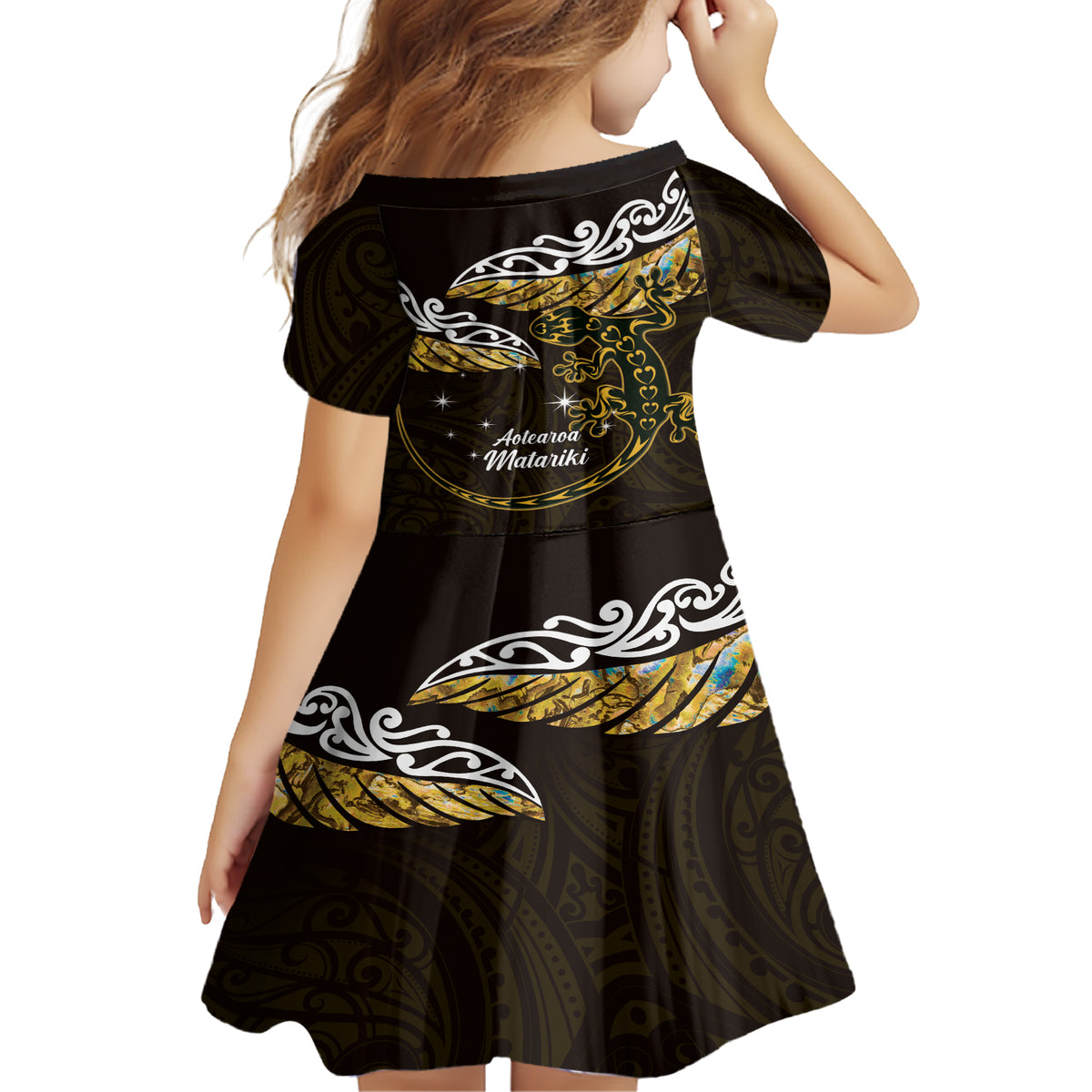 New Zealand Matariki Family Matching Short Sleeve Bodycon Dress and Hawaiian Shirt Maori New Year Silver Fern And Lizard - Gold LT14 - Polynesian Pride