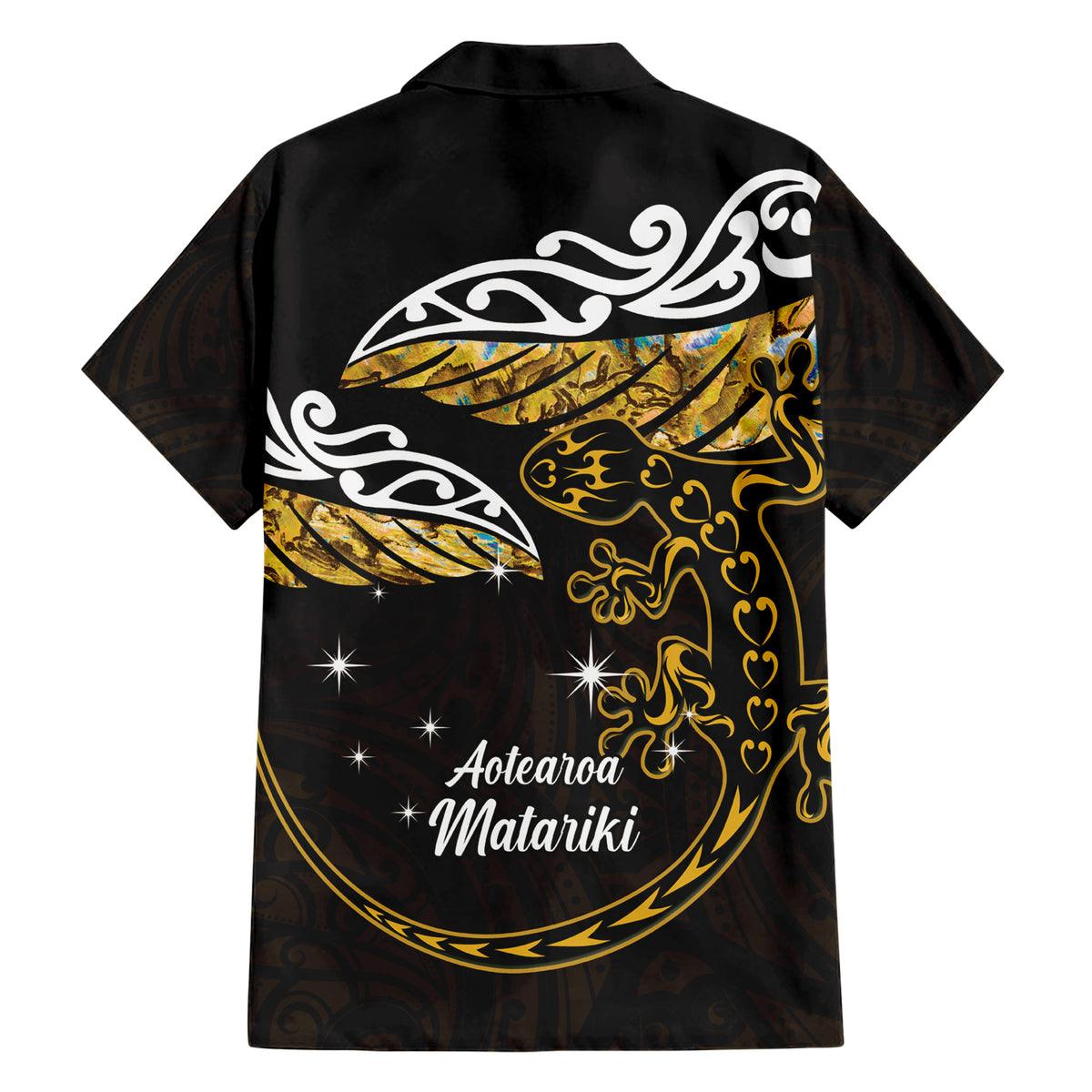 New Zealand Matariki Family Matching Short Sleeve Bodycon Dress and Hawaiian Shirt Maori New Year Silver Fern And Lizard - Gold LT14 - Polynesian Pride