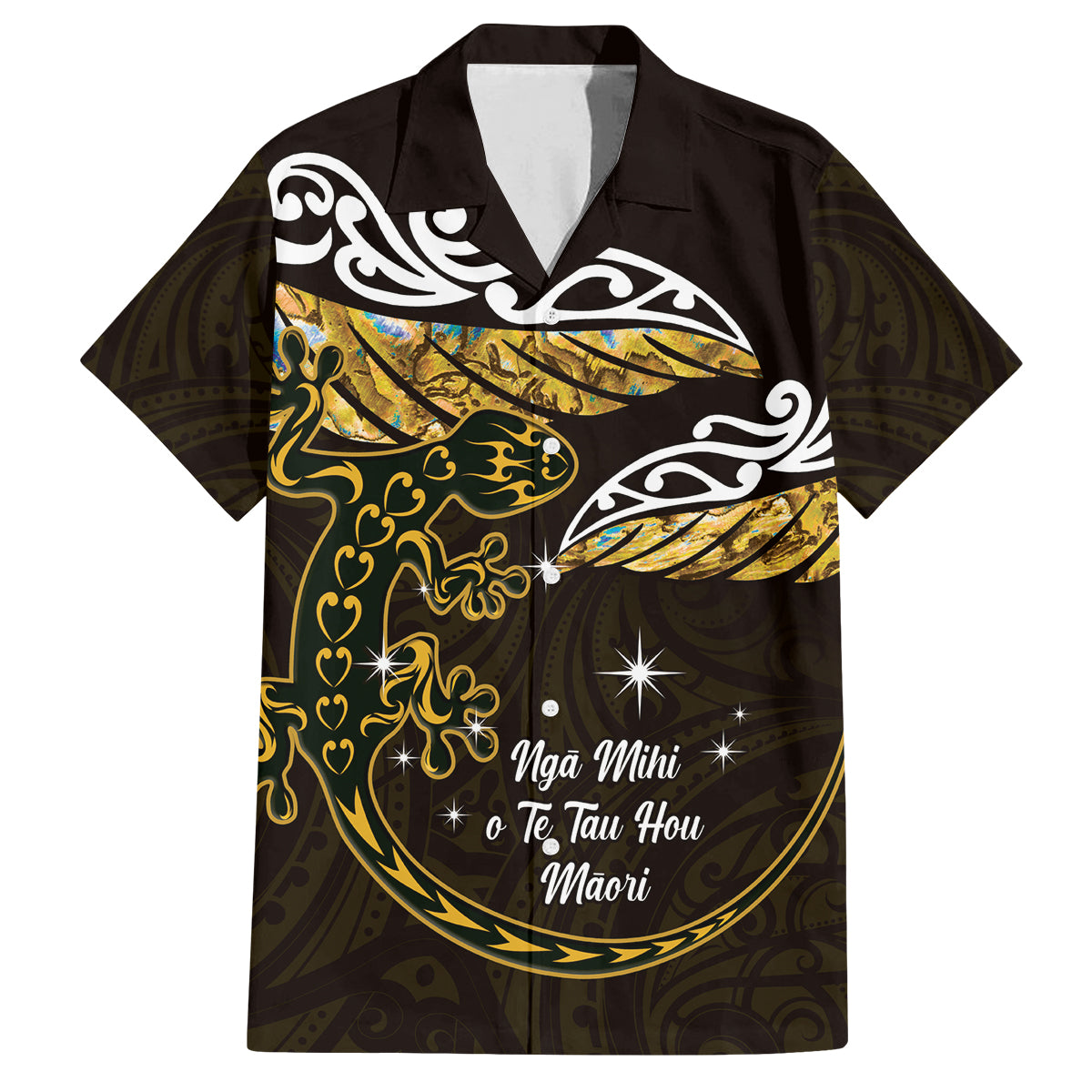 New Zealand Matariki Family Matching Tank Maxi Dress and Hawaiian Shirt Maori New Year Silver Fern And Lizard - Gold