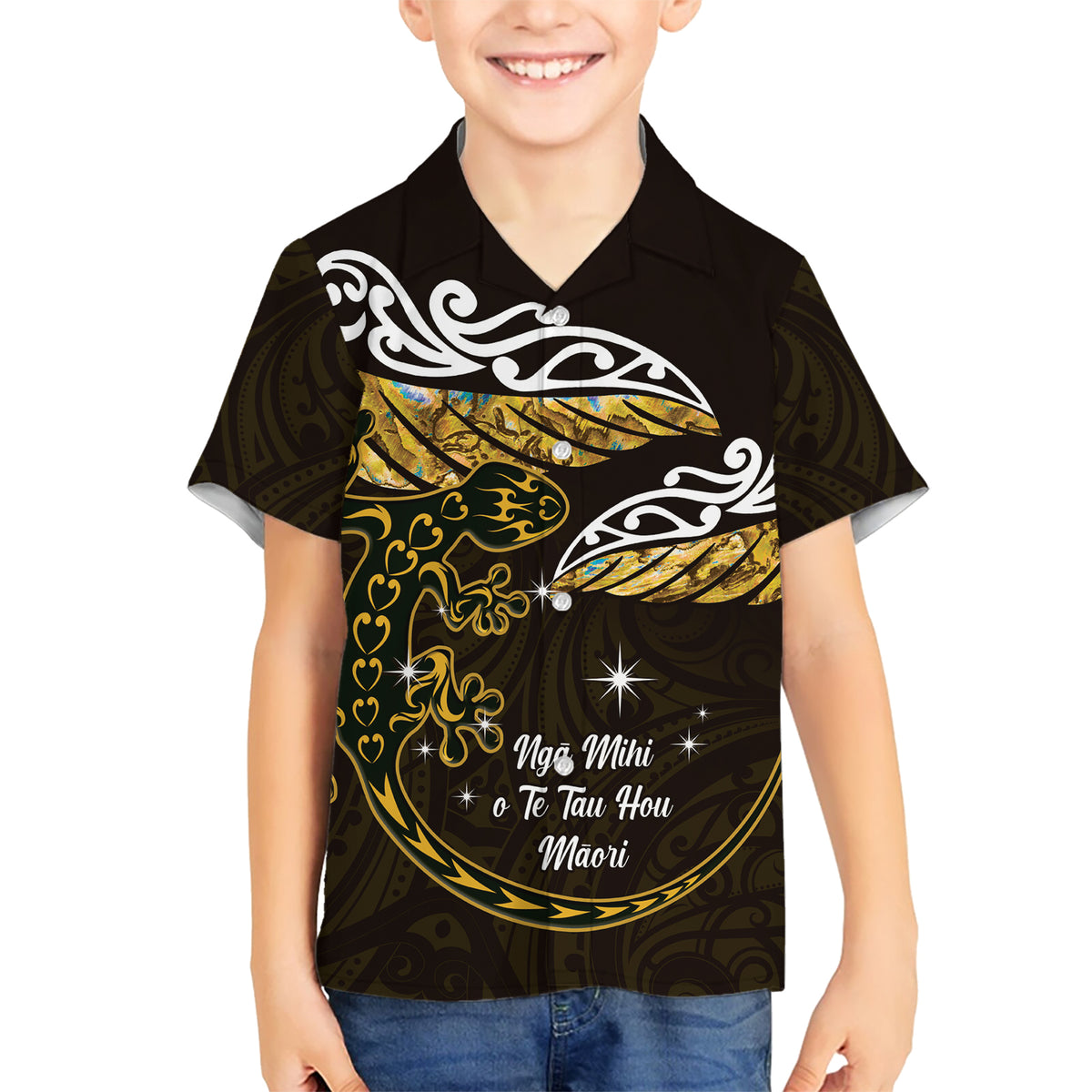 New Zealand Matariki Kid Hawaiian Shirt Maori New Year Silver Fern And Lizard - Gold LT14 Kid Gold - Polynesian Pride
