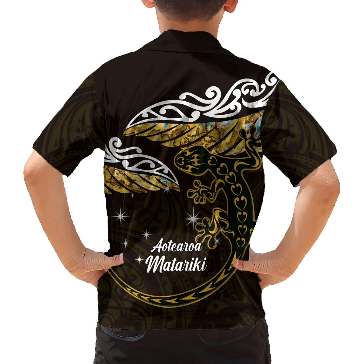 New Zealand Matariki Kid Hawaiian Shirt Maori New Year Silver Fern And Lizard - Gold LT14 - Polynesian Pride