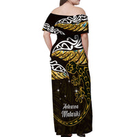 New Zealand Matariki Off Shoulder Maxi Dress Maori New Year Silver Fern And Lizard - Gold