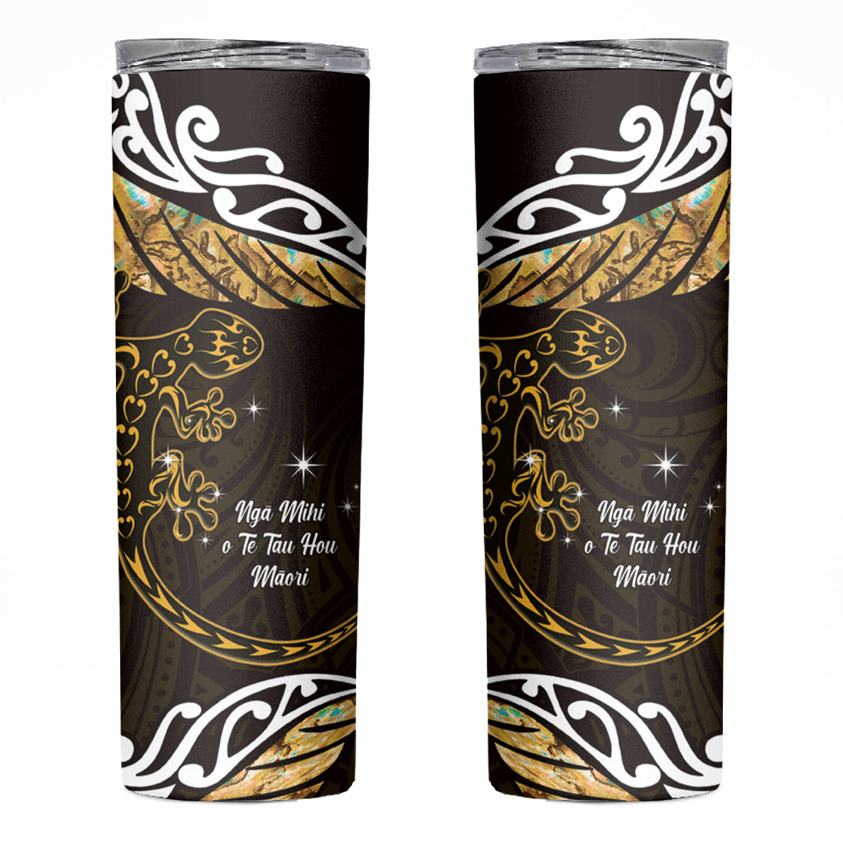 New Zealand Matariki Skinny Tumbler Maori New Year Silver Fern And Lizard - Gold