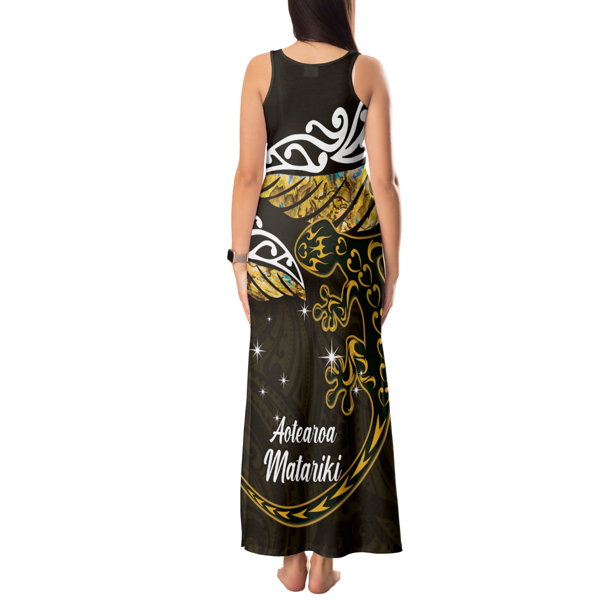 New Zealand Matariki Tank Maxi Dress Maori New Year Silver Fern And Lizard - Gold