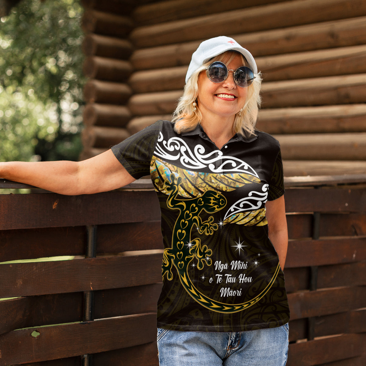 New Zealand Matariki Women Polo Shirt Maori New Year Silver Fern And Lizard - Gold