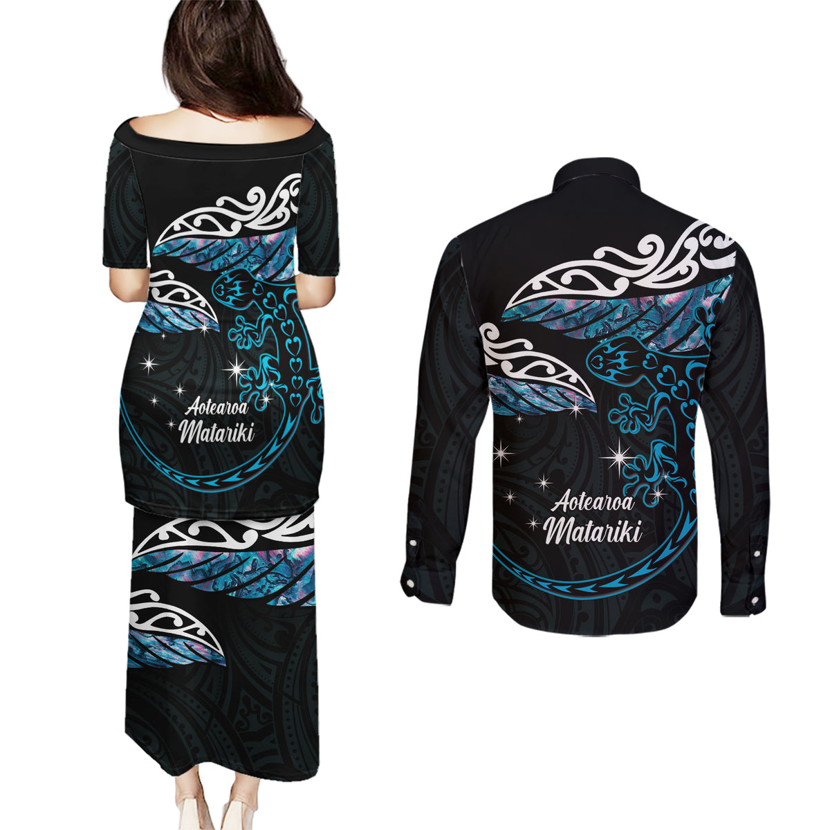 New Zealand Matariki Couples Matching Puletasi and Long Sleeve Button Shirt Maori New Year Silver Fern And Lizard - Turquosie