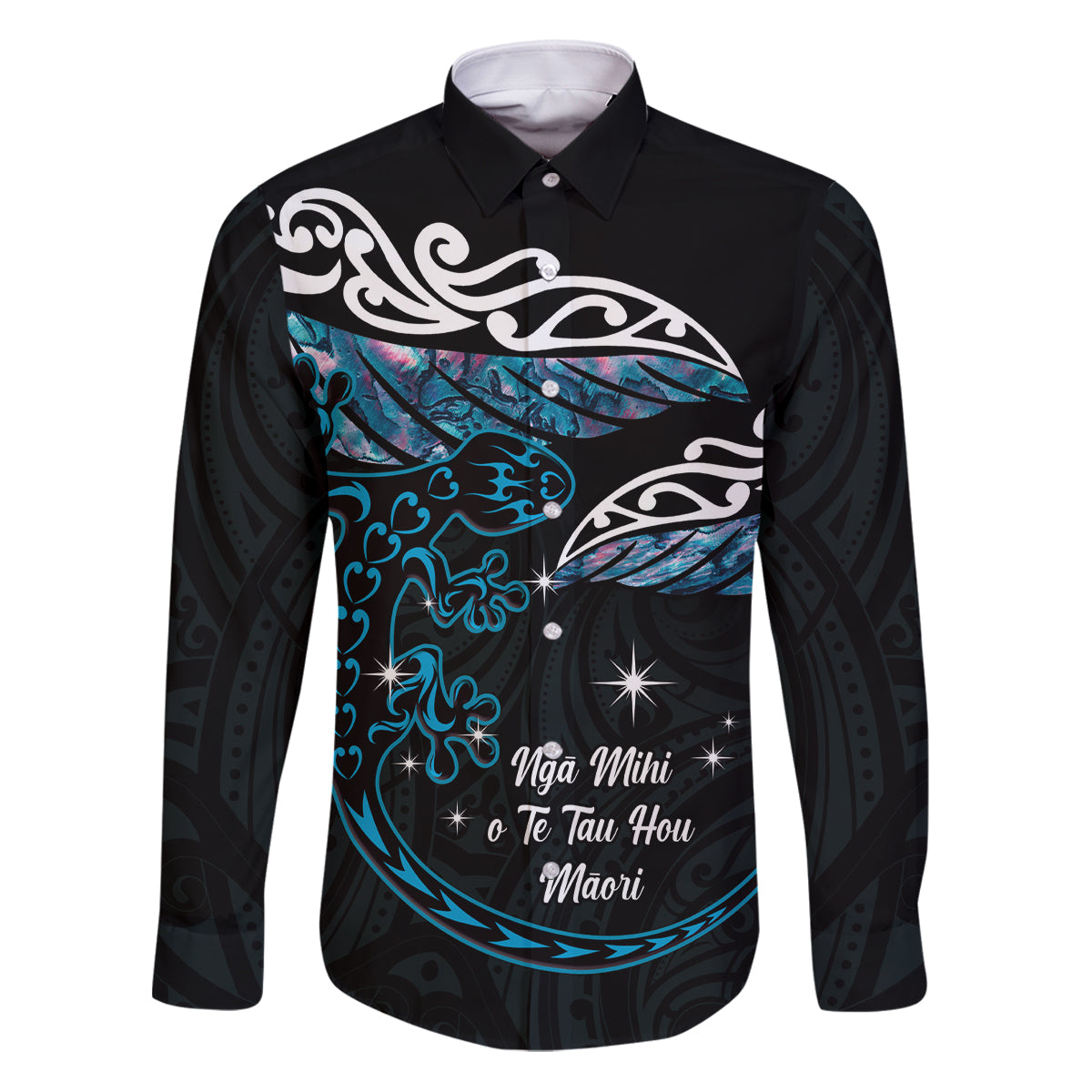 New Zealand Matariki Family Matching Puletasi and Hawaiian Shirt Maori New Year Silver Fern And Lizard - Turquosie LT14 Dad's Shirt - Long Sleeve Turquoise - Polynesian Pride