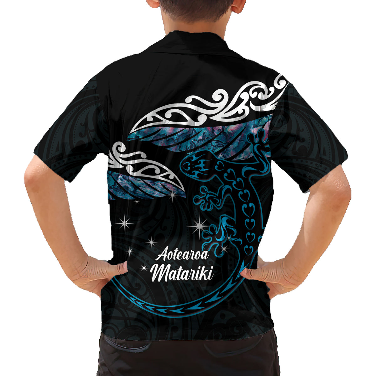 New Zealand Matariki Family Matching Short Sleeve Bodycon Dress and Hawaiian Shirt Maori New Year Silver Fern And Lizard - Turquosie LT14 - Polynesian Pride