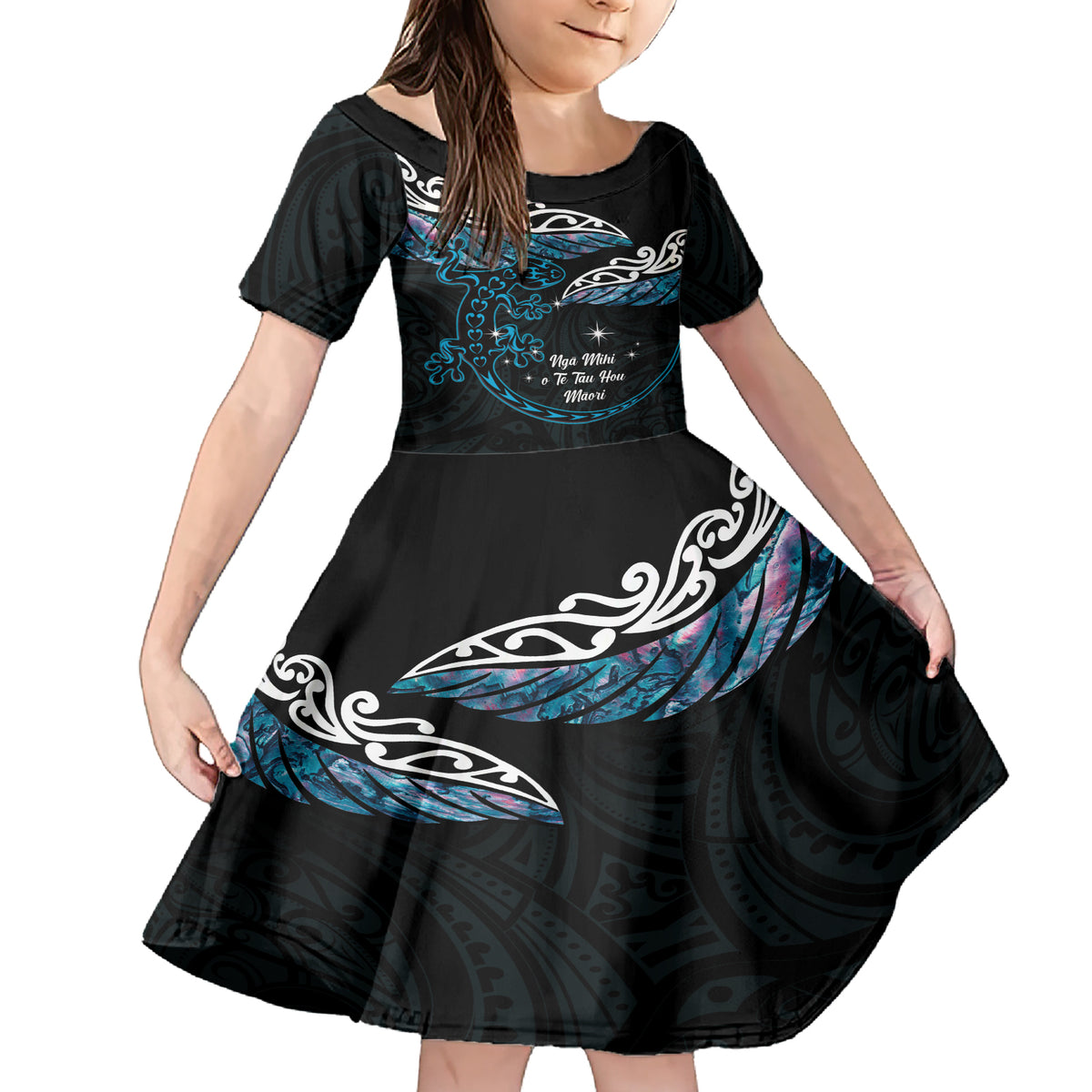 New Zealand Matariki Family Matching Short Sleeve Bodycon Dress and Hawaiian Shirt Maori New Year Silver Fern And Lizard - Turquosie LT14 Daughter's Dress Turquoise - Polynesian Pride