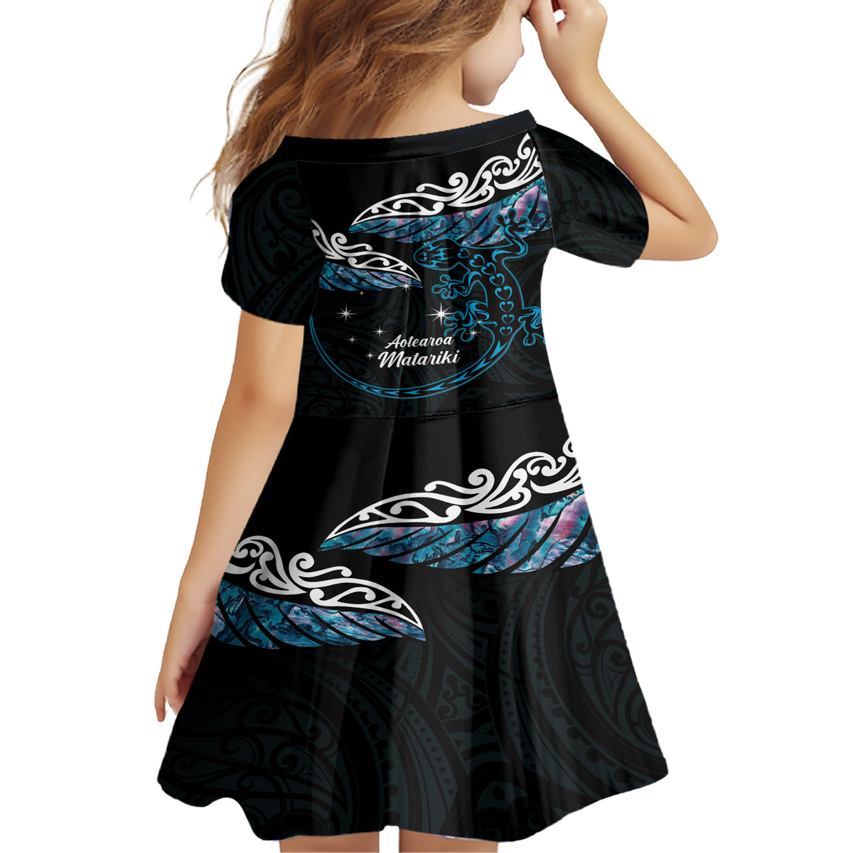 New Zealand Matariki Family Matching Short Sleeve Bodycon Dress and Hawaiian Shirt Maori New Year Silver Fern And Lizard - Turquosie LT14 - Polynesian Pride