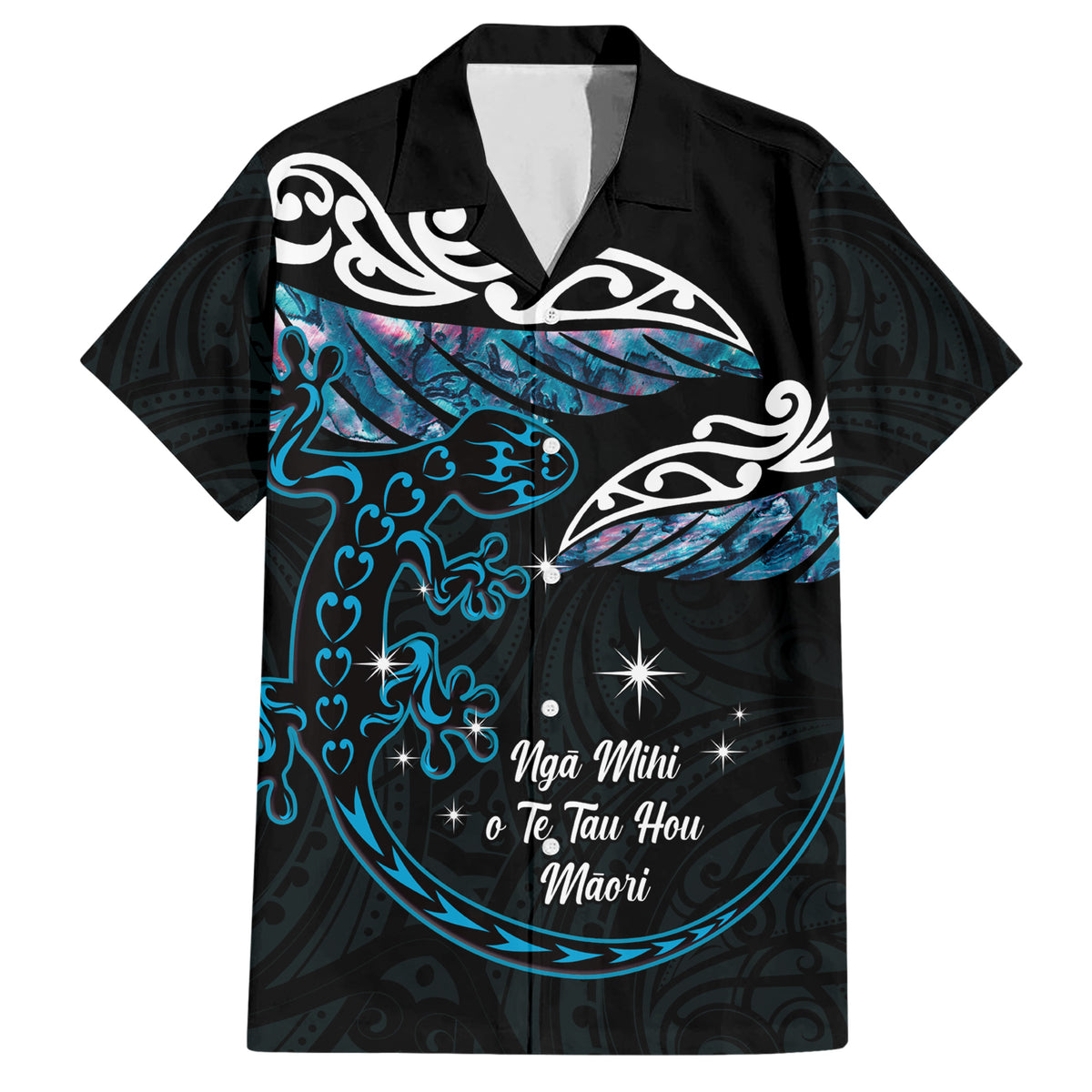 New Zealand Matariki Family Matching Short Sleeve Bodycon Dress and Hawaiian Shirt Maori New Year Silver Fern And Lizard - Turquosie LT14 Dad's Shirt - Short Sleeve Turquoise - Polynesian Pride