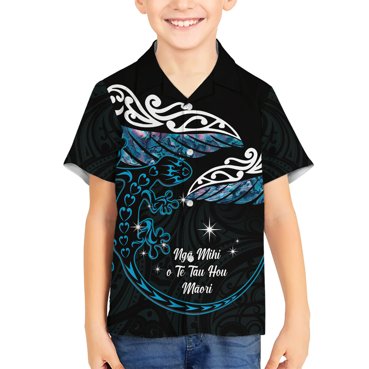 New Zealand Matariki Family Matching Short Sleeve Bodycon Dress and Hawaiian Shirt Maori New Year Silver Fern And Lizard - Turquosie LT14 Son's Shirt Turquoise - Polynesian Pride