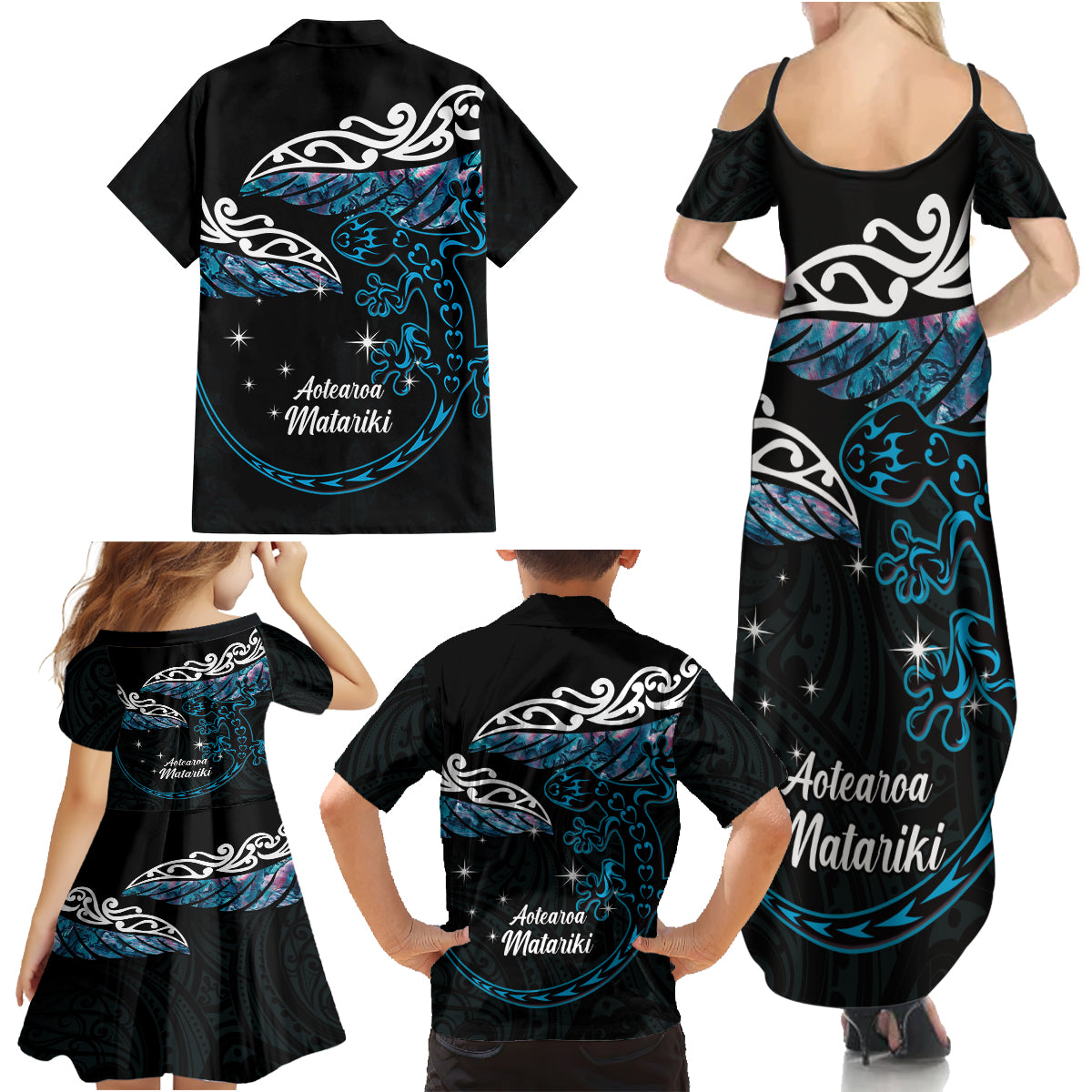 New Zealand Matariki Family Matching Summer Maxi Dress and Hawaiian Shirt Maori New Year Silver Fern And Lizard - Turquosie