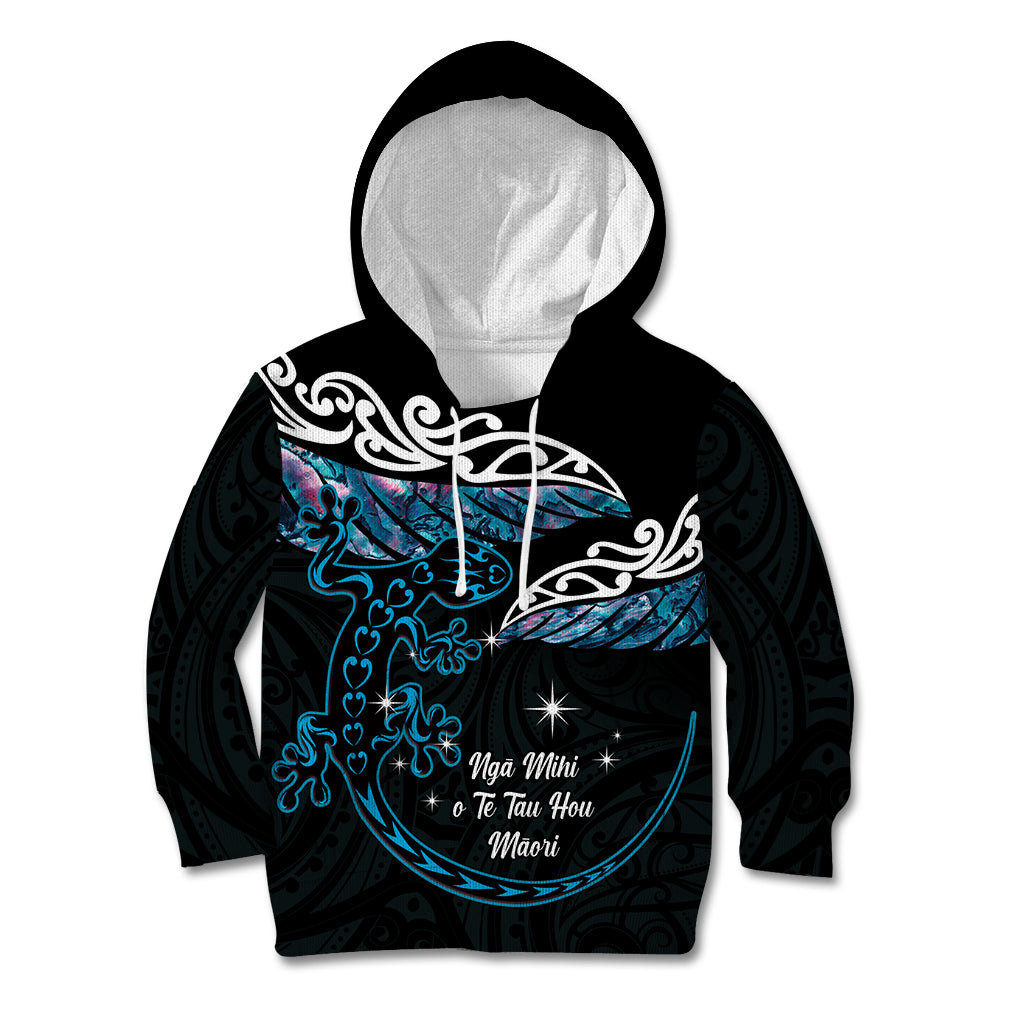 New Zealand Matariki Kid Hoodie Maori New Year Silver Fern And Lizard - Turquosie