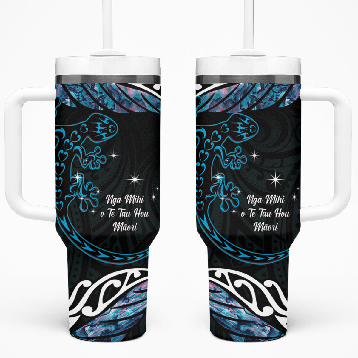 New Zealand Matariki Tumbler With Handle Maori New Year Silver Fern And Lizard - Turquosie