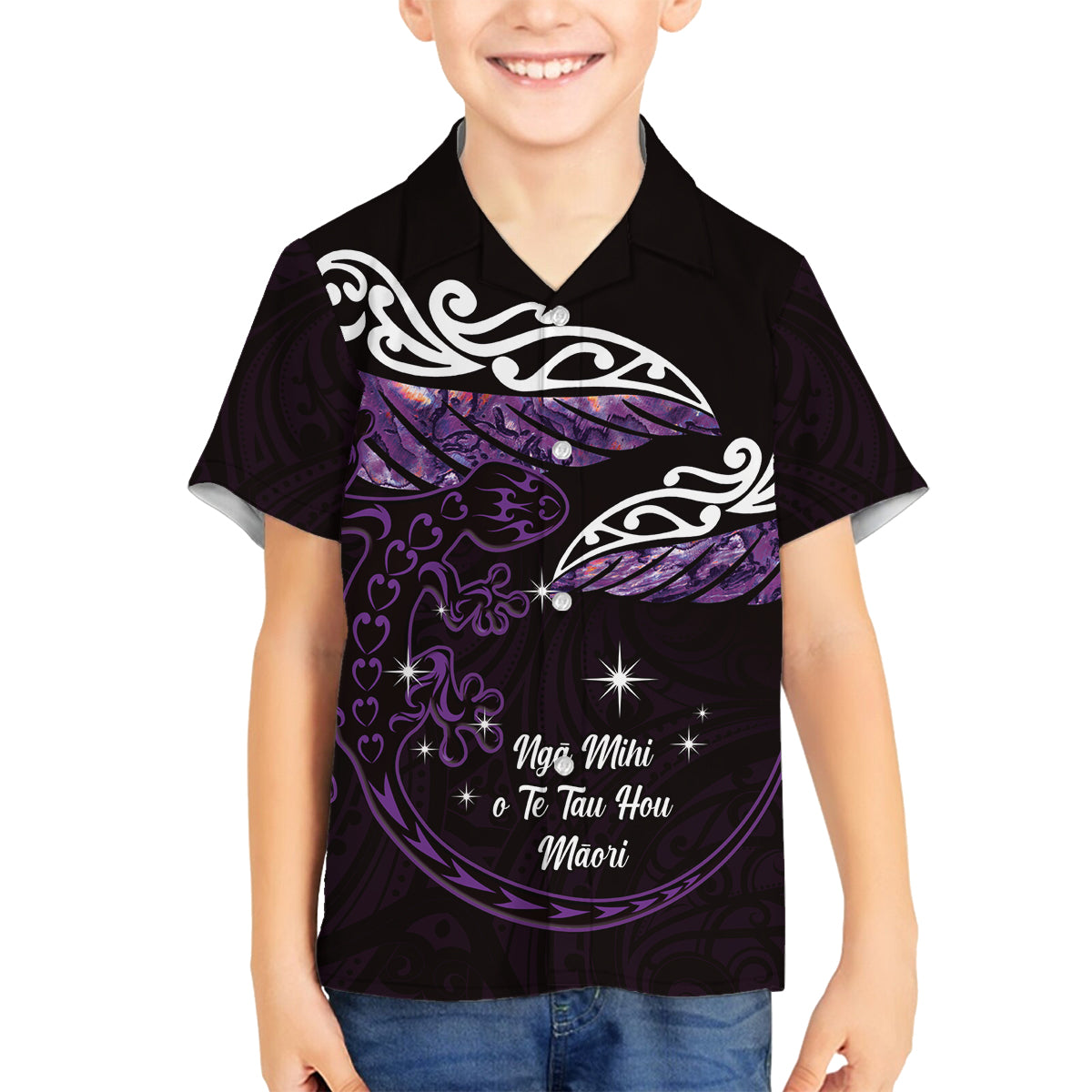 New Zealand Matariki Family Matching Long Sleeve Bodycon Dress and Hawaiian Shirt Maori New Year Silver Fern And Lizard - Purple LT14 Son's Shirt Purple - Polynesian Pride
