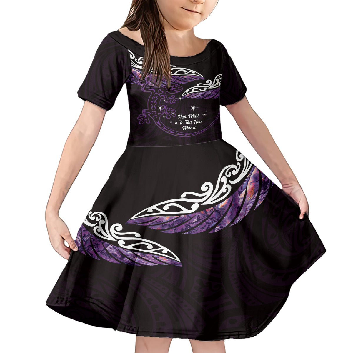 New Zealand Matariki Family Matching Short Sleeve Bodycon Dress and Hawaiian Shirt Maori New Year Silver Fern And Lizard - Purple LT14 Daughter's Dress Purple - Polynesian Pride