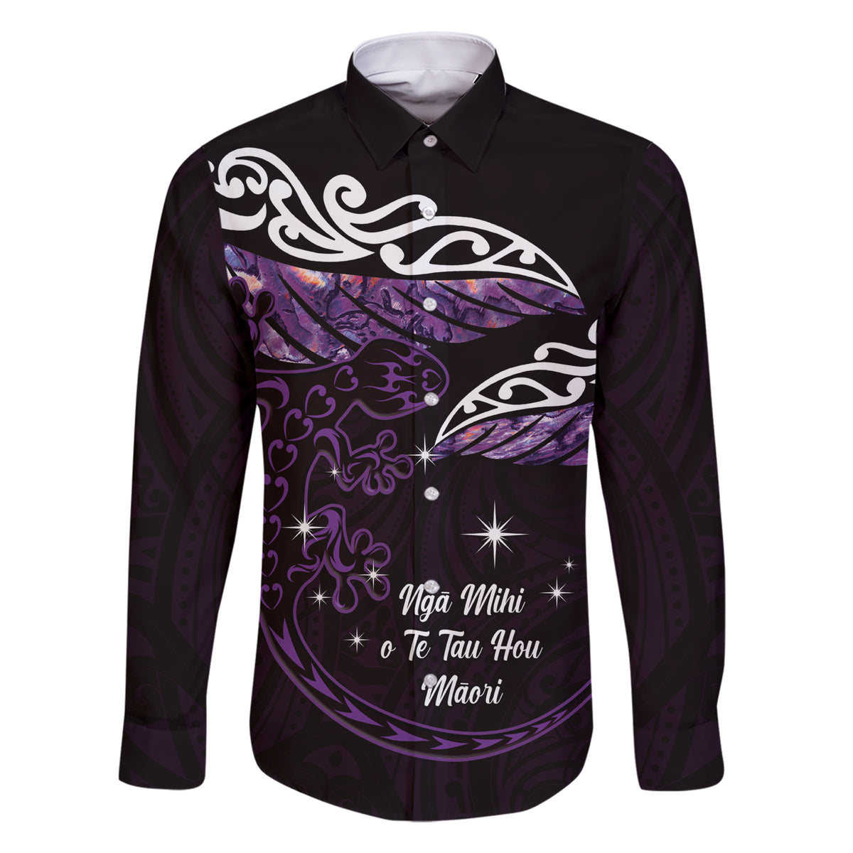 New Zealand Matariki Family Matching Short Sleeve Bodycon Dress and Hawaiian Shirt Maori New Year Silver Fern And Lizard - Purple LT14 Dad's Shirt - Long Sleeve Purple - Polynesian Pride