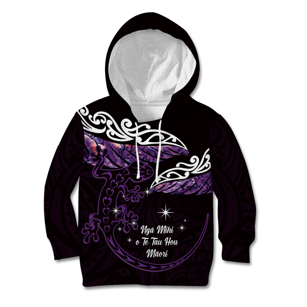 New Zealand Matariki Kid Hoodie Maori New Year Silver Fern And Lizard - Purple