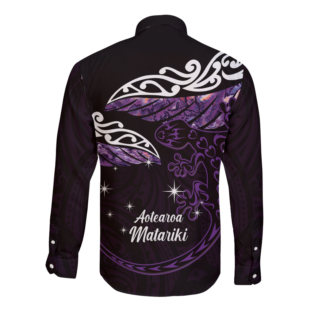 New Zealand Matariki Long Sleeve Button Shirt Maori New Year Silver Fern And Lizard - Purple
