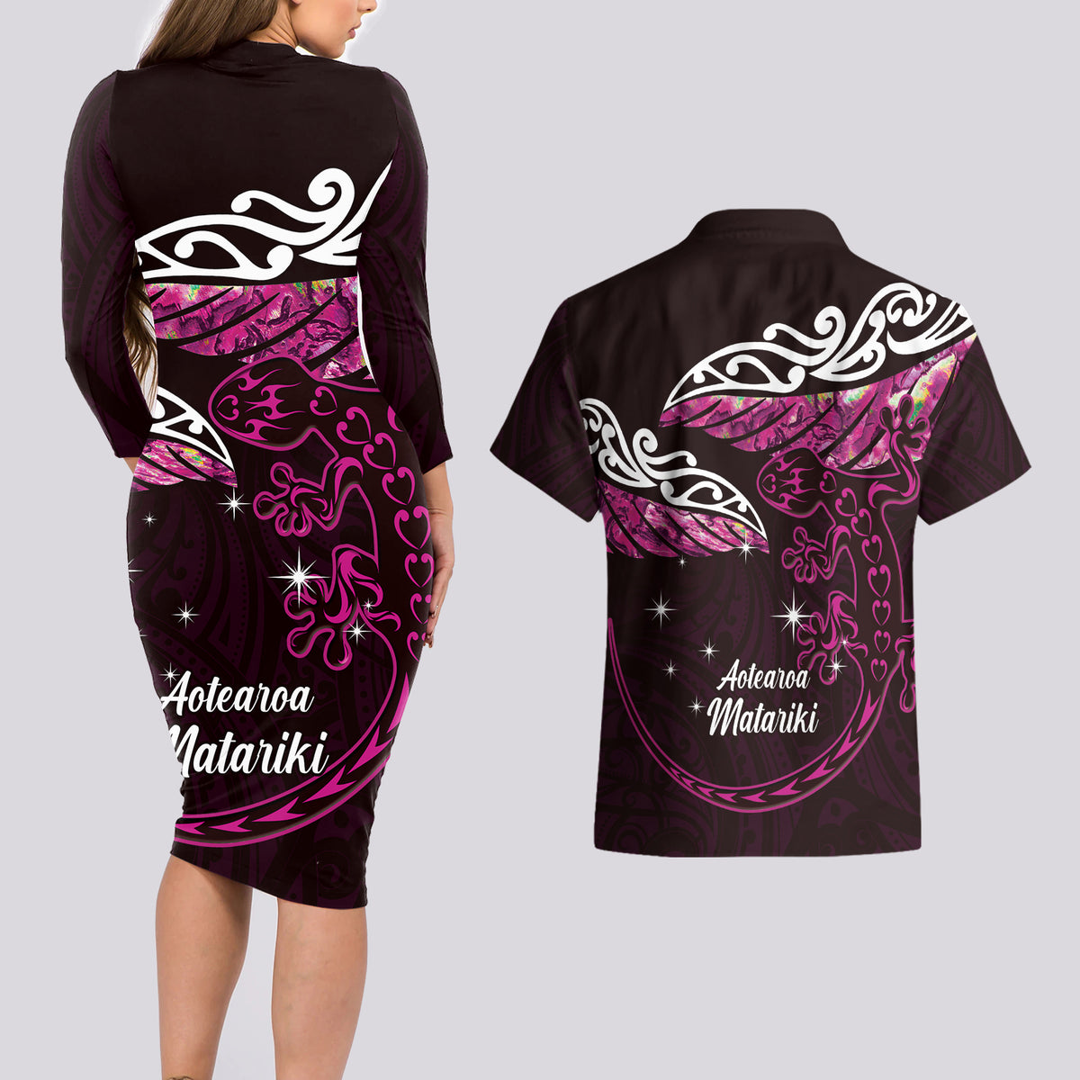 New Zealand Matariki Couples Matching Long Sleeve Bodycon Dress and Hawaiian Shirt Maori New Year Silver Fern And Lizard - Pink